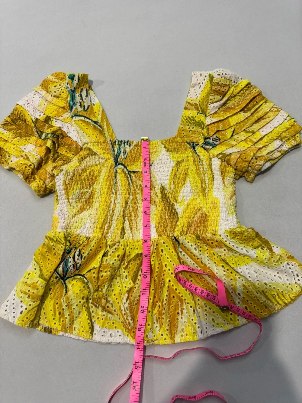 FARM Rio Azalea Yellow Floral Eyelet Smocked Peplum Top M